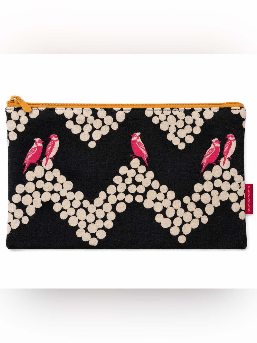 Black Pouch with Pink Bird Print and Cream Dot Pattern